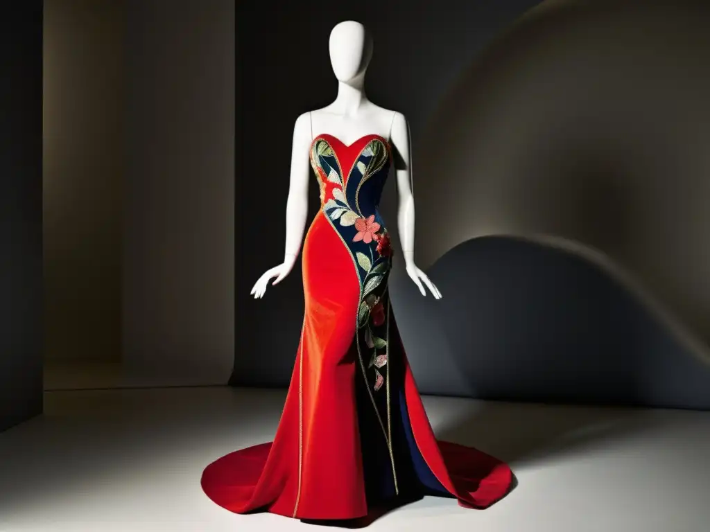 Diseño de moda surrealista impacto: Elegante vestido de noche de Elsa Schiaparelli, con proporciones exageradas y bordados caprichosos