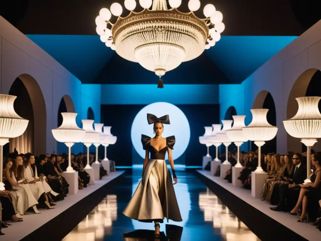 Diseño de moda surrealista impacto: Desfile de moda surrealista en una opulenta sala de baile, con modelos en diseños vanguardistas y público admirado