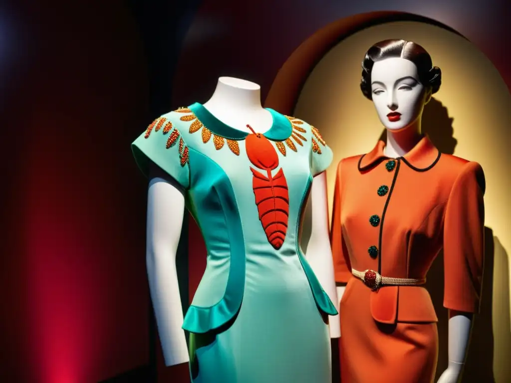 Diseño de moda surrealista impacto: Vestido de langosta de Schiaparelli en museo, resaltando detalles y atmósfera histórica y artística