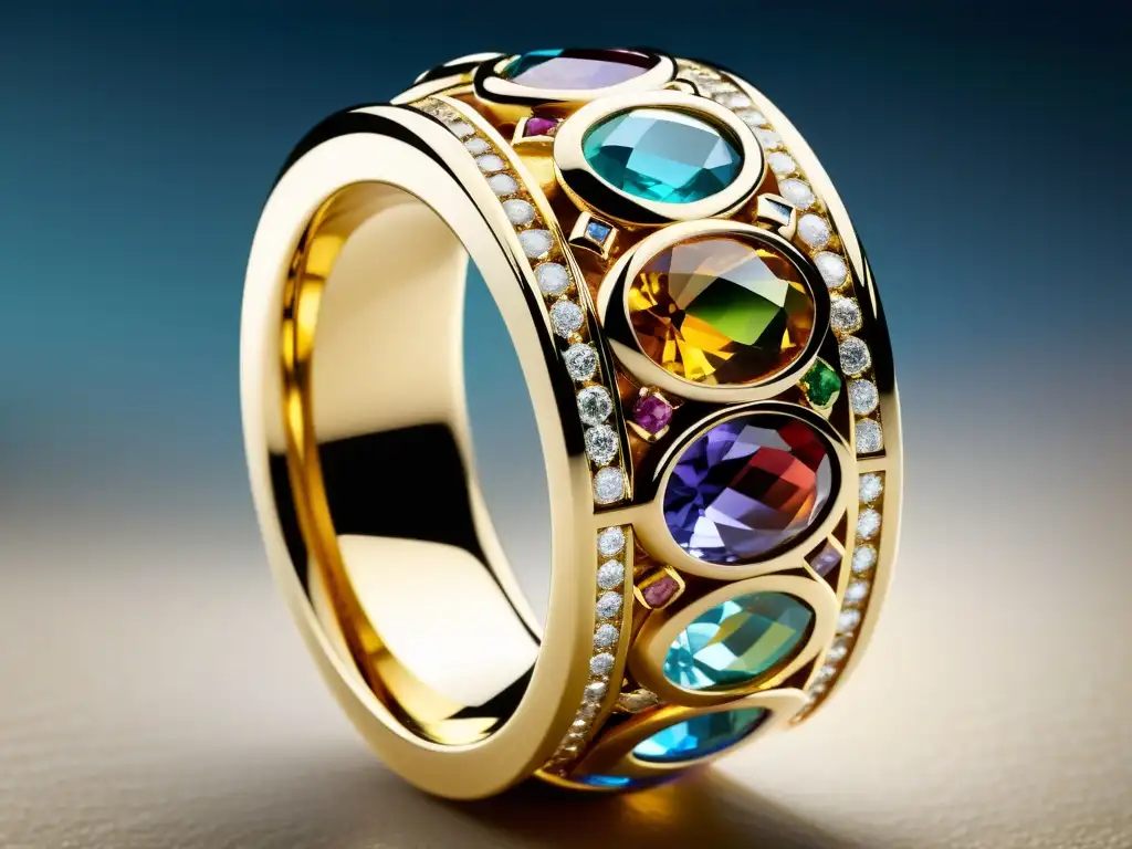 Diseño del nuevo anillo Van Cleef: Detalle del exquisito trabajo artesanal, reflejando luz y color en gemas y oro pulido