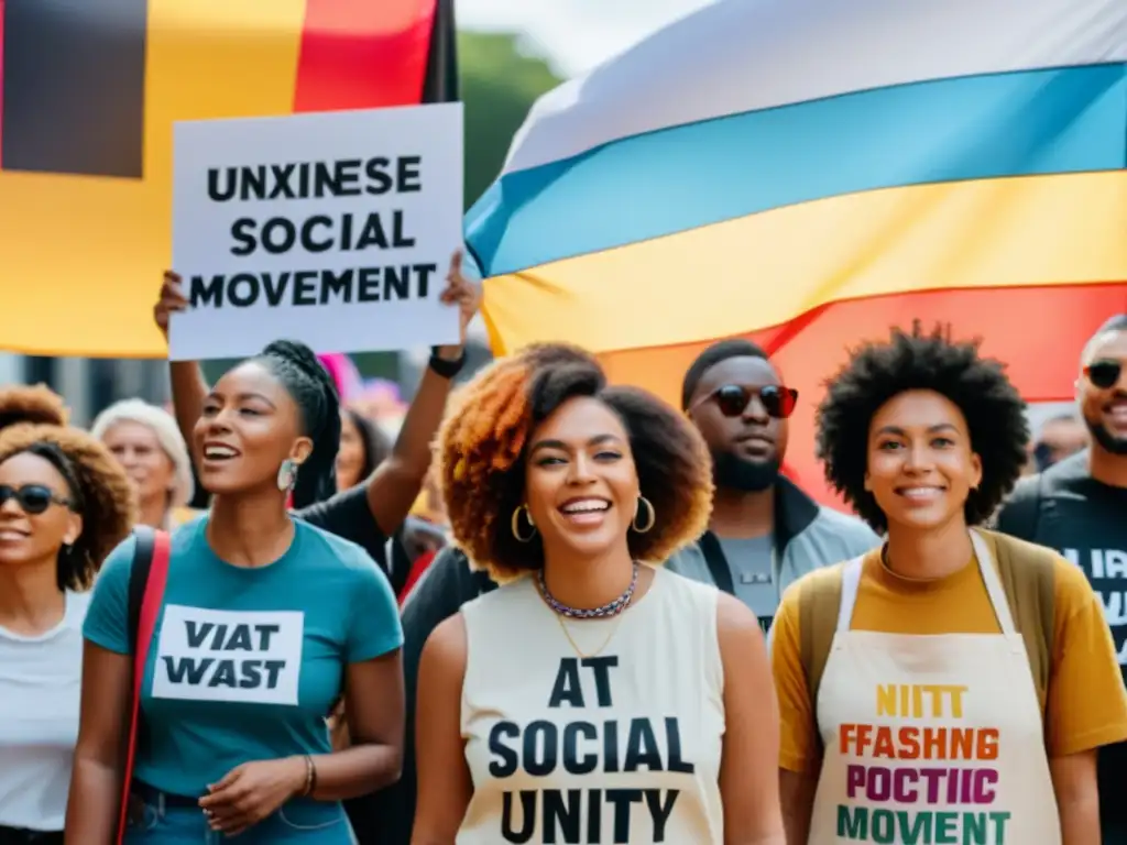 Manifestación con diversidad de personas vistiendo ropa unisex en movimientos sociales, mostrando unidad y empoderamiento