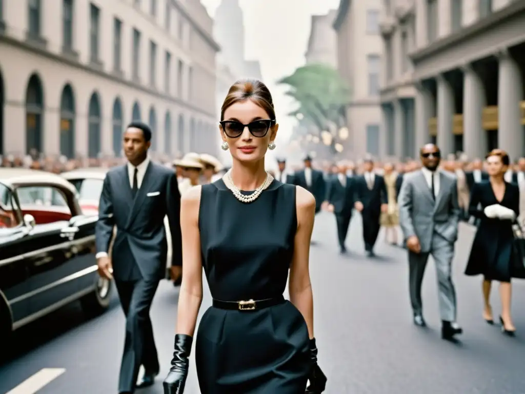 Una fotografía documental de alta resolución de Audrey Hepburn caminando por una concurrida calle de la ciudad, luciendo un clásico vestido negro de Givenchy y gafas de sol grandes