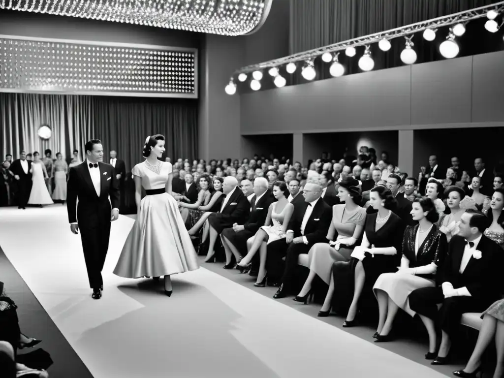 Una fotografía documental de alta resolución capturando un glamoroso desfile de moda de los años 50 en blanco y negro