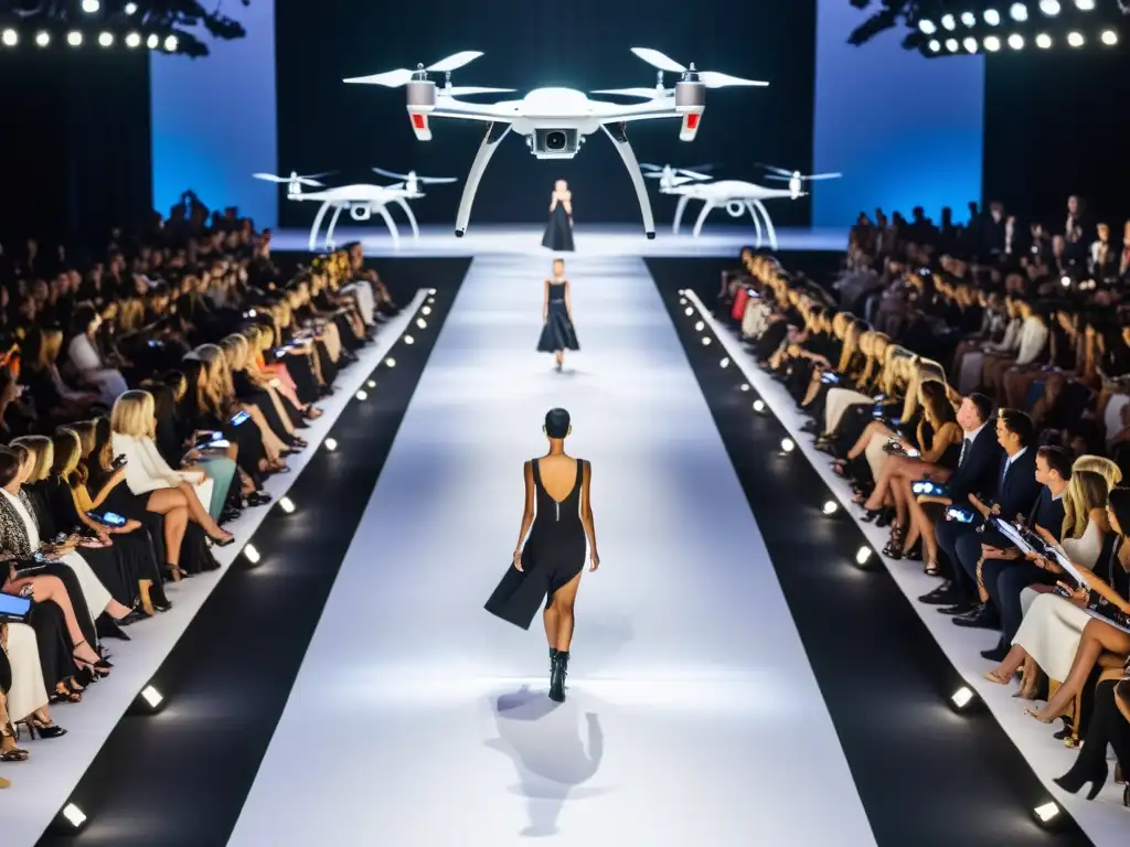 Drones en la pasarela moda: Desfile futurista con modelos y drones capturando imágenes aéreas de alta tecnología y diseño vanguardista