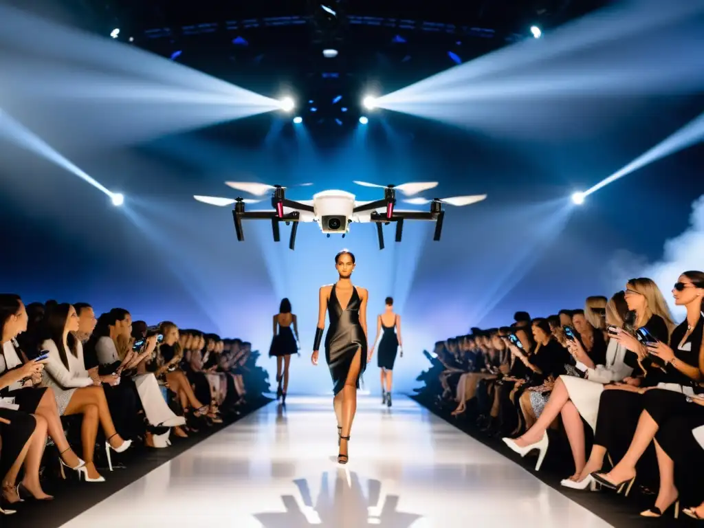 Drones en la pasarela moda: Desfile futurista con modelos, drones capturando ángulos únicos y efecto visual hipnótico