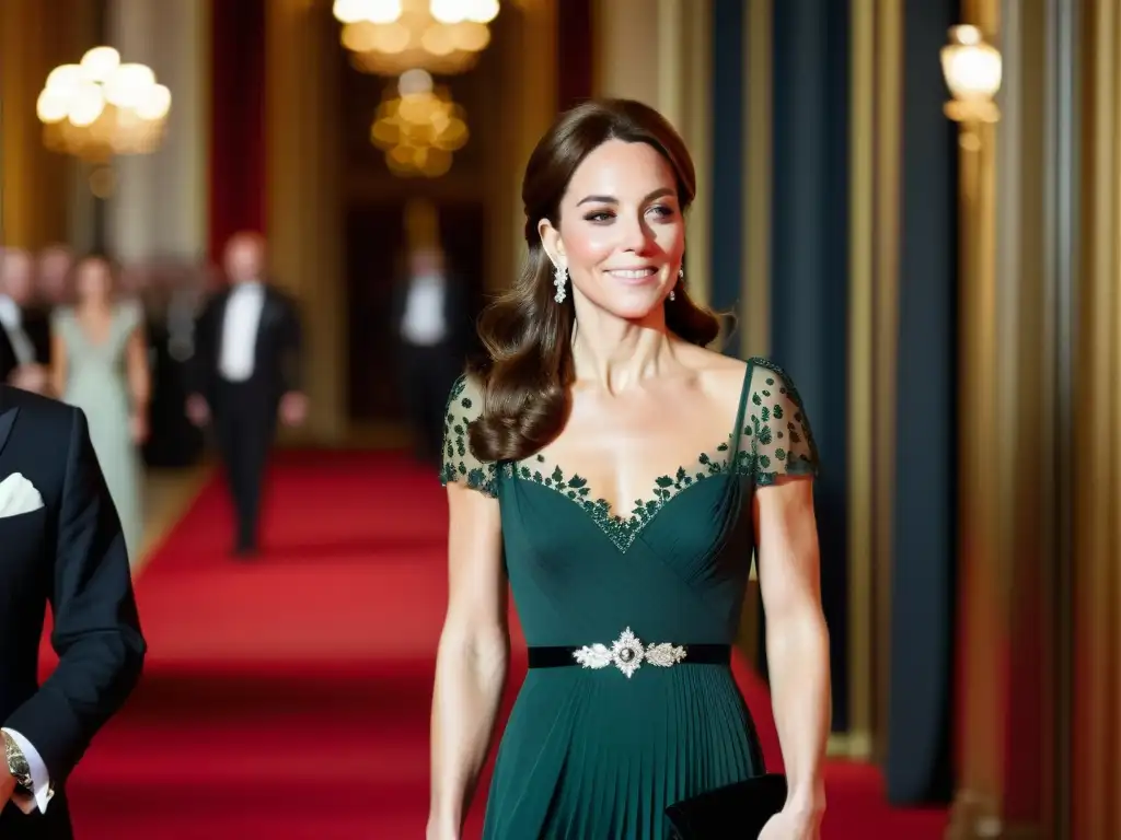 La Duquesa de Cambridge ataviada con un elegante vestido de noche de diseñador, en un evento de moda real