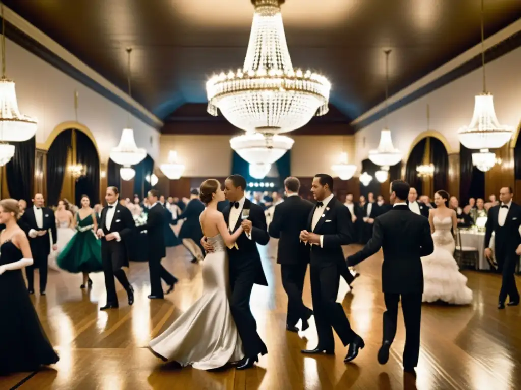 Baile de alta sociedad: elegancia en blanco y negro Elegante baile de la alta sociedad en el siglo XX, reflejando la evolución del esmoquin en eventos de la época