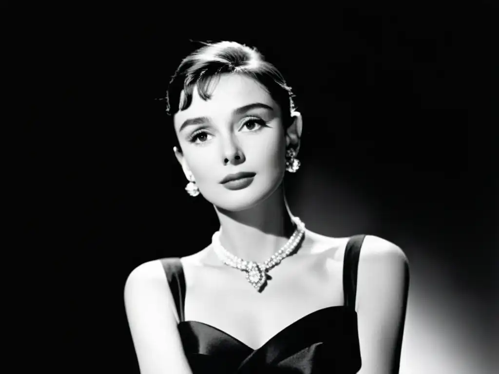 Elegante fotografía en blanco y negro de Audrey Hepburn en un vestido clásico Givenchy, exudando gracia y sofisticación atemporal en el siglo XX