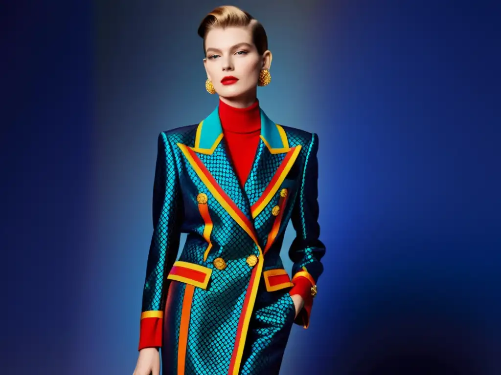 Un elegante conjunto de Yves Saint Laurent mezcla géneros con vibrantes colores y detalles intrincados, llevado por una modelo segura de sí misma