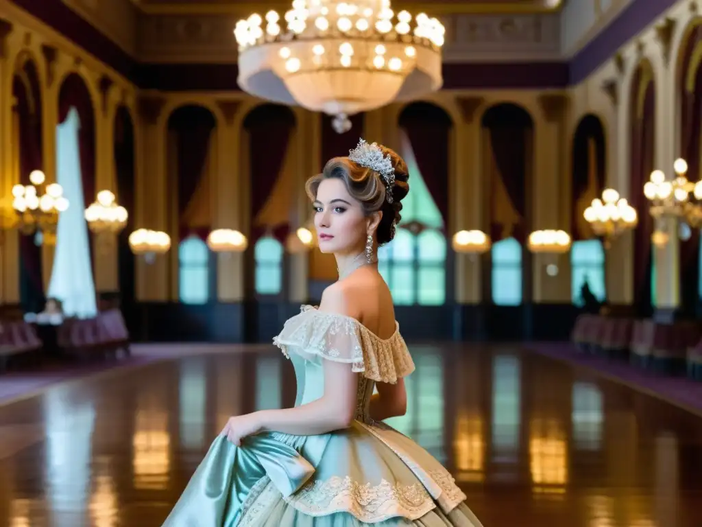 Una elegante dama victoriana con vestido de crinolina en un opulento salón, reflejando la moda victoriana y sus tendencias culturales