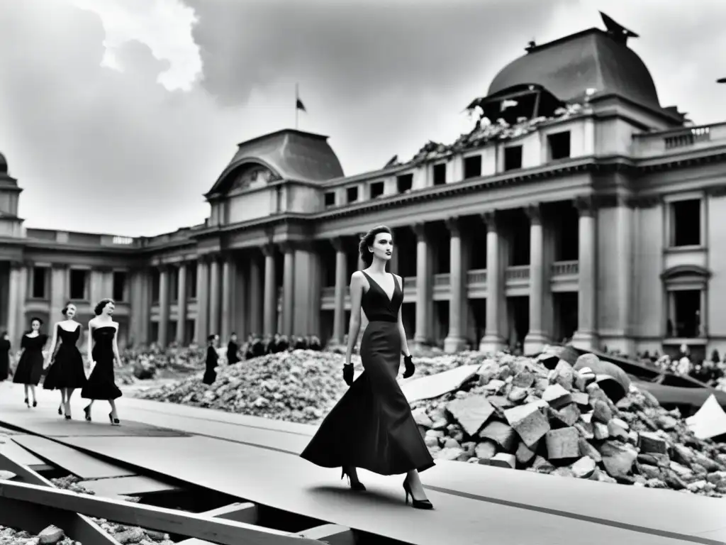 Elegante desfile de moda en una ciudad en guerra durante la Segunda Guerra Mundial