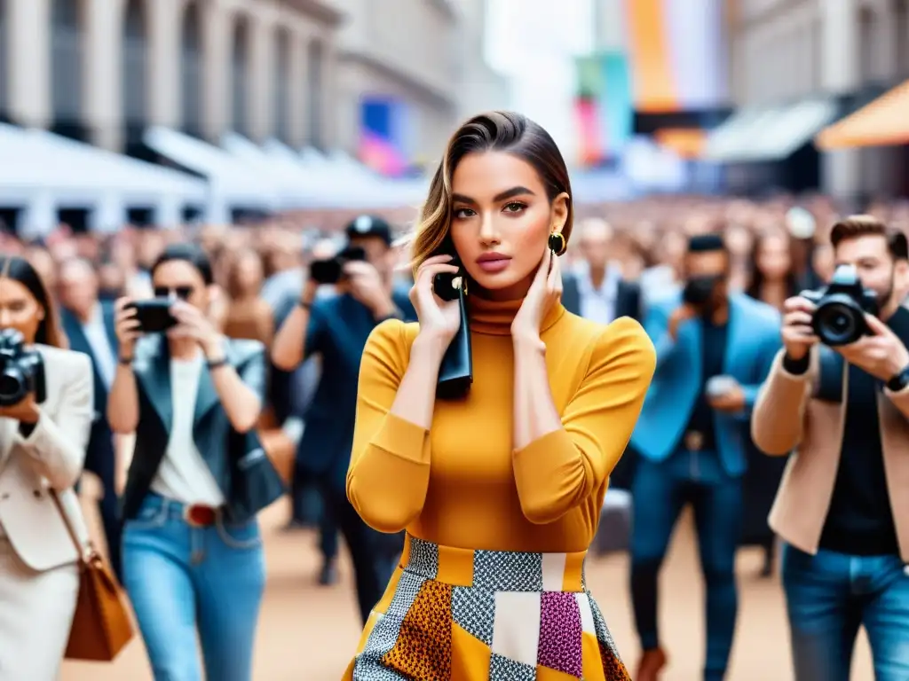 Elegante influencer en desfile de moda, rodeada de fotógrafos y fans enérgicos compartiendo en redes sociales