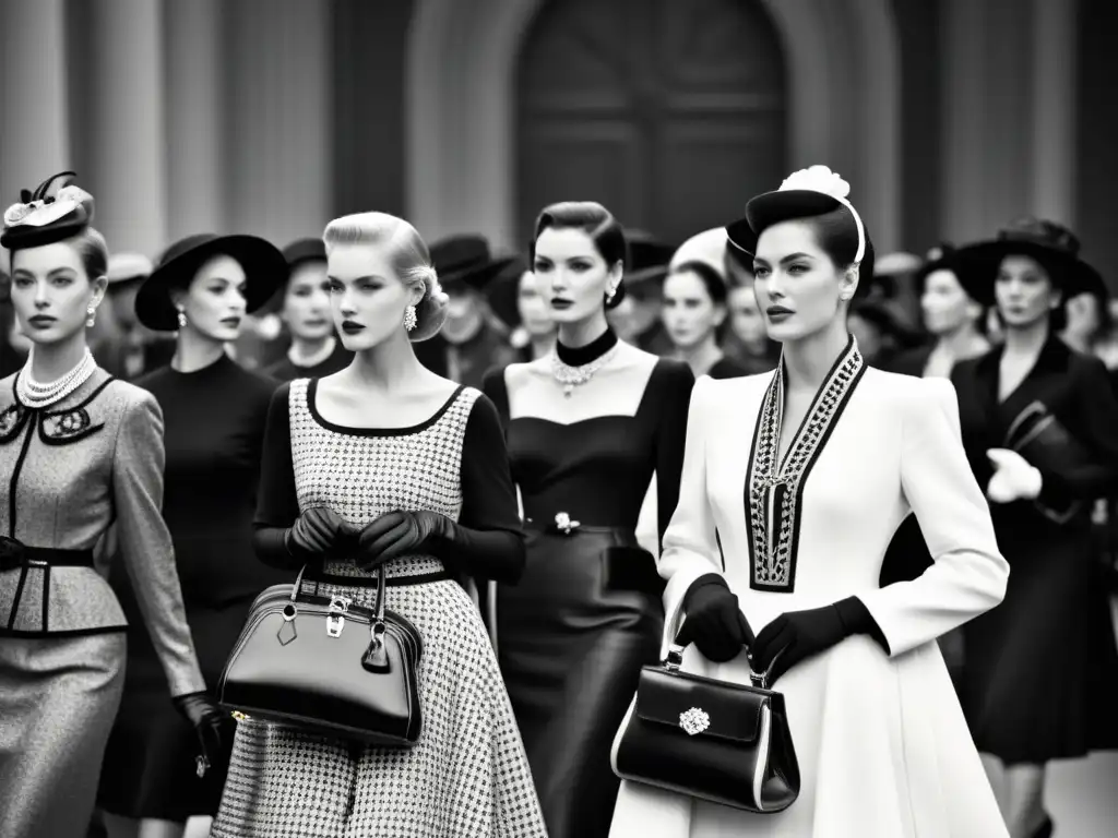 Elegante desfile de moda del siglo XX con evolución del bolso de mano en blanco y negro