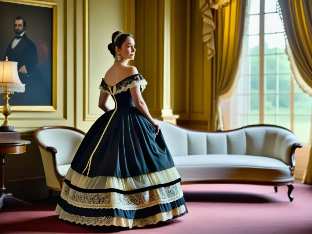 Elegante evolución silueta moda femenina siglo XIX en fotografía de mujer con crinolina en lujoso salón del siglo XIX