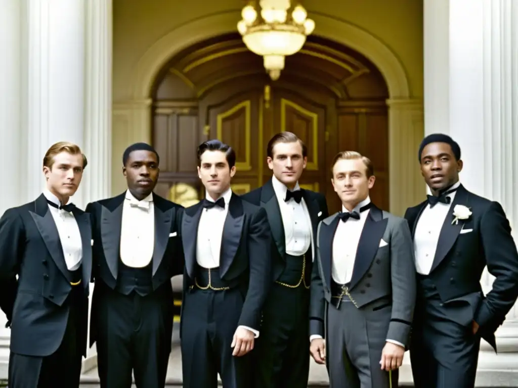 Época de Elegancia: Hombres en Tuxedos en Evento Formal del Siglo XX Elegante grupo de hombres en smokings vintage, evolución del esmoquin en eventos