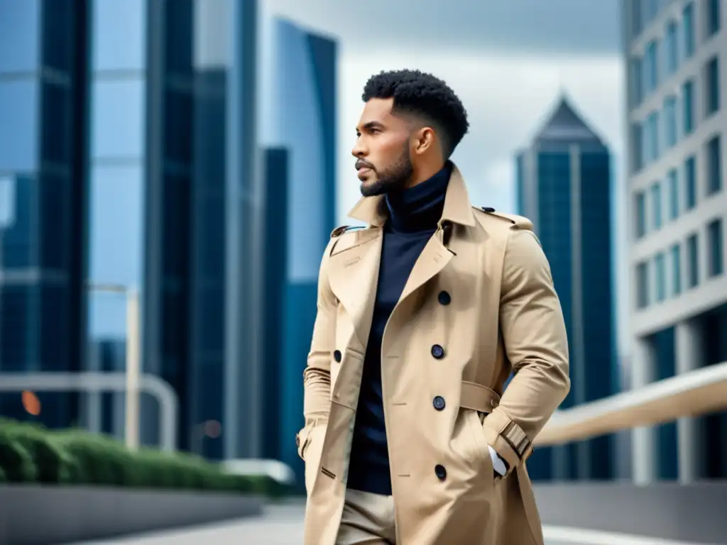 Un elegante hombre urbano usando un clásico trench coat en la ciudad