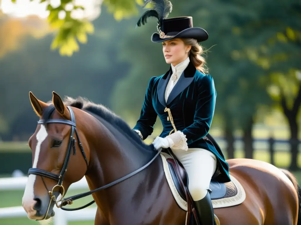 Una elegante mujer del siglo XIX en equitación, con influencia en la moda, cabalga con gracia y confianza en un majestuoso caballo