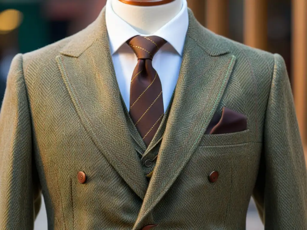 Un elegante saco de tweed con patrón de espiga en tonos tierra y toques de verde oliva y marrón, reflejando la sofisticación de la indumentaria masculina británica en tejidos tradicionales