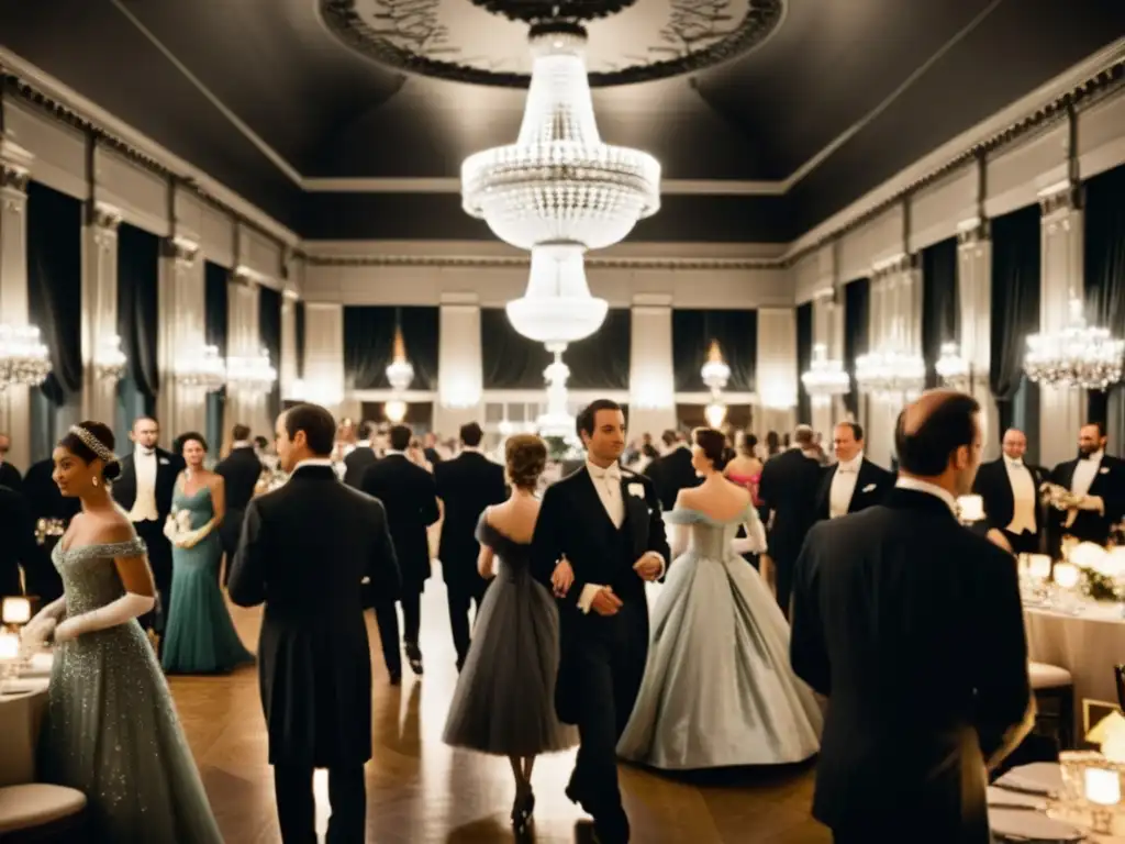 Una elegante sala de baile del siglo XIX, llena de personas vestidas con trajes de época, en una atmósfera de opulencia y sofisticación