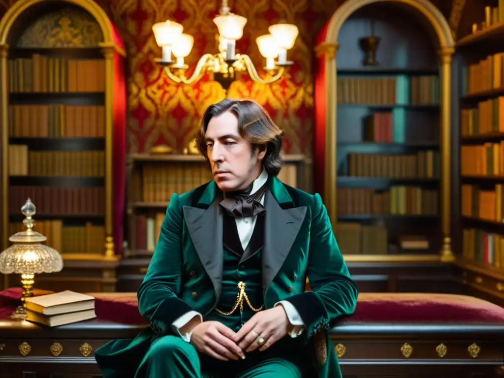 Oscar Wilde en un elegante salón victoriano, perdido en pensamientos, rodeado de lujo y libros encuadernados en cuero