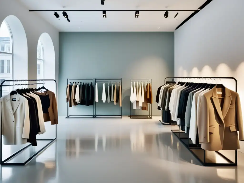 Un elegante showroom de moda escandinava minimalista, con diseño vanguardista y paletas de colores suaves
