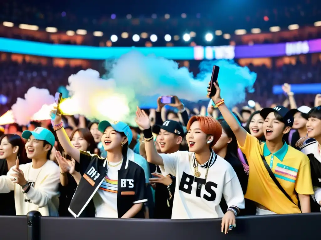 Un emocionante momento en un concierto de BTS, donde los fans visten impactante moda KPop