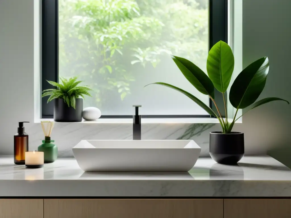 Una encantadora composición de baño minimalista chic con productos de cuidado de la piel y plantas, iluminada suavemente por la luz natural