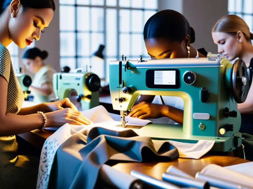 Un equipo de diseñadores y costureras trabajando con precisión en máquinas de coser, rodeados de telas y patrones