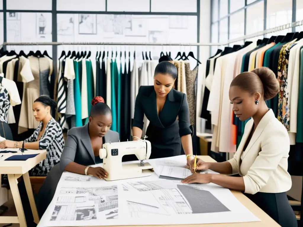 Equipo diverso en un atelier de moda, creando con pasión e intensidad