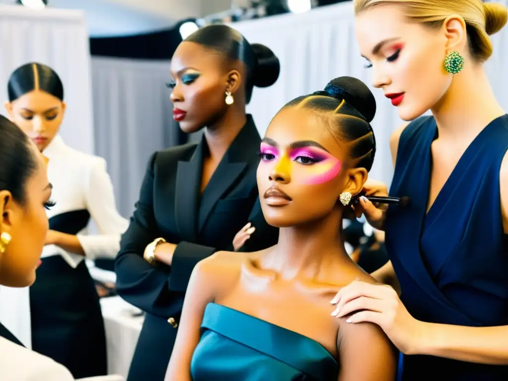 Equipo de estilistas, maquilladores y diseñadores trabajando en armonía en el backstage de un desfile de moda