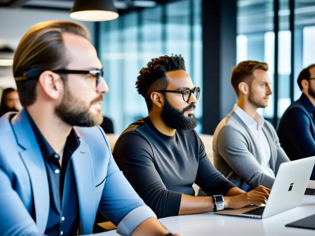 Equipo de ingenieros y diseñadores de Farfetch colaborando en oficina moderna, revolucionando compra moda lujo internet