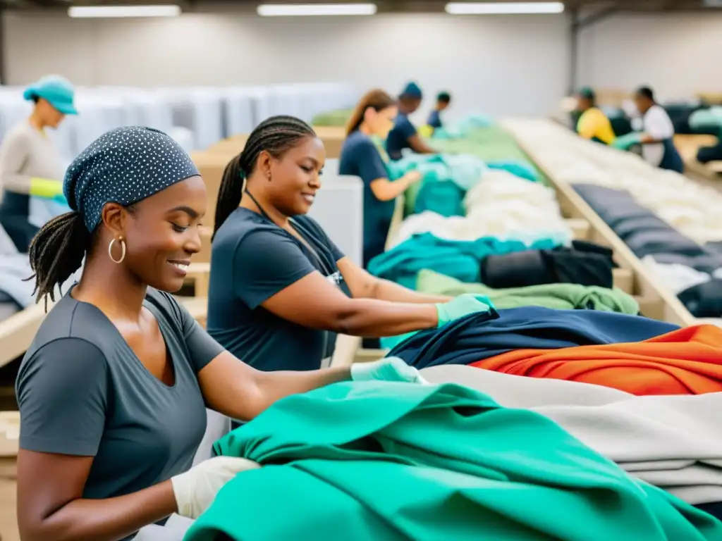 Equipo de Eileen Fisher en planta de reciclaje textil moderna, clasificando prendas para Legado moda ética Eileen Fisher