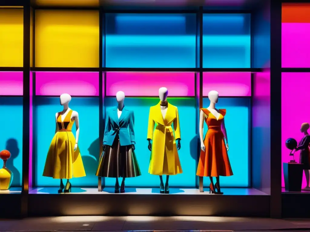 Un escaparate de moda con maniquíes y colores vibrantes, rodeado de letreros de neón