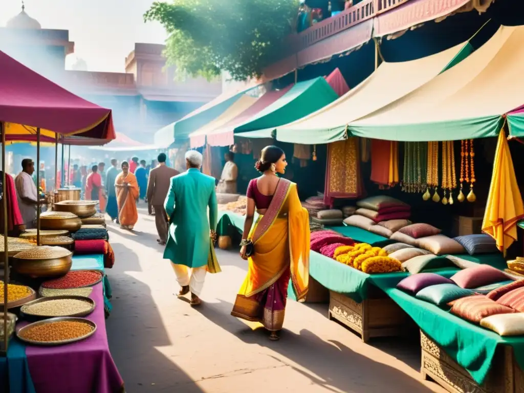 Escena animada de un bullicioso mercado indio, con saris coloridos y kurtas elegantes, mostrando la evolución económica de la moda india