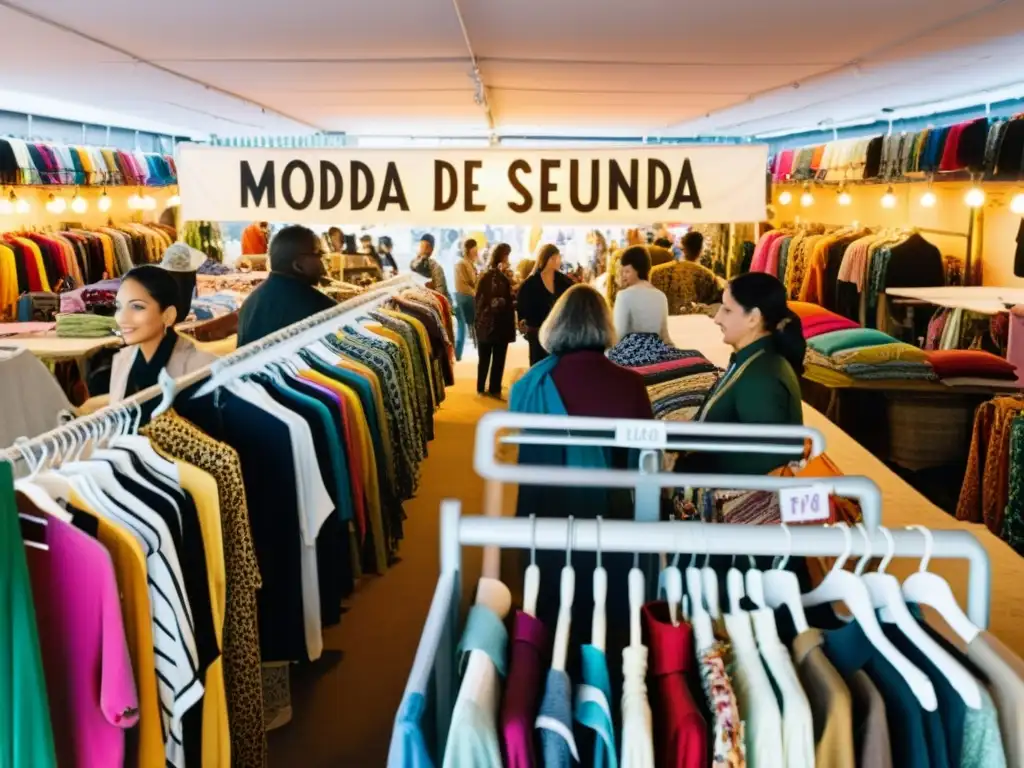 Escena animada en un mercado de ropa de segunda mano, con consumidores descubriendo prendas coloridas