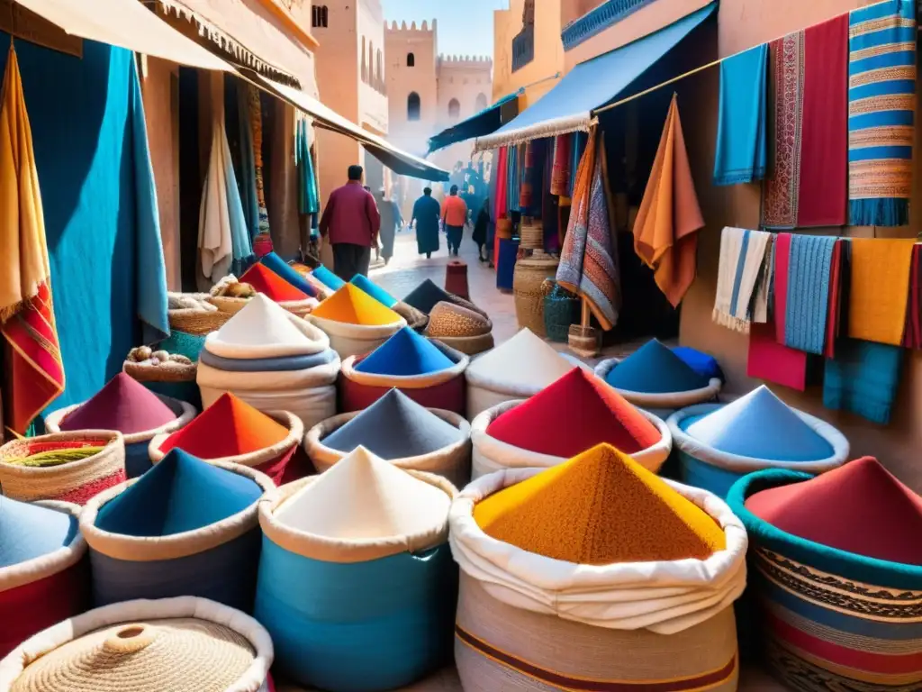 Escena animada de un mercado tradicional marroquí con vibrantes tejidos en tonos de rojo, naranja y azul