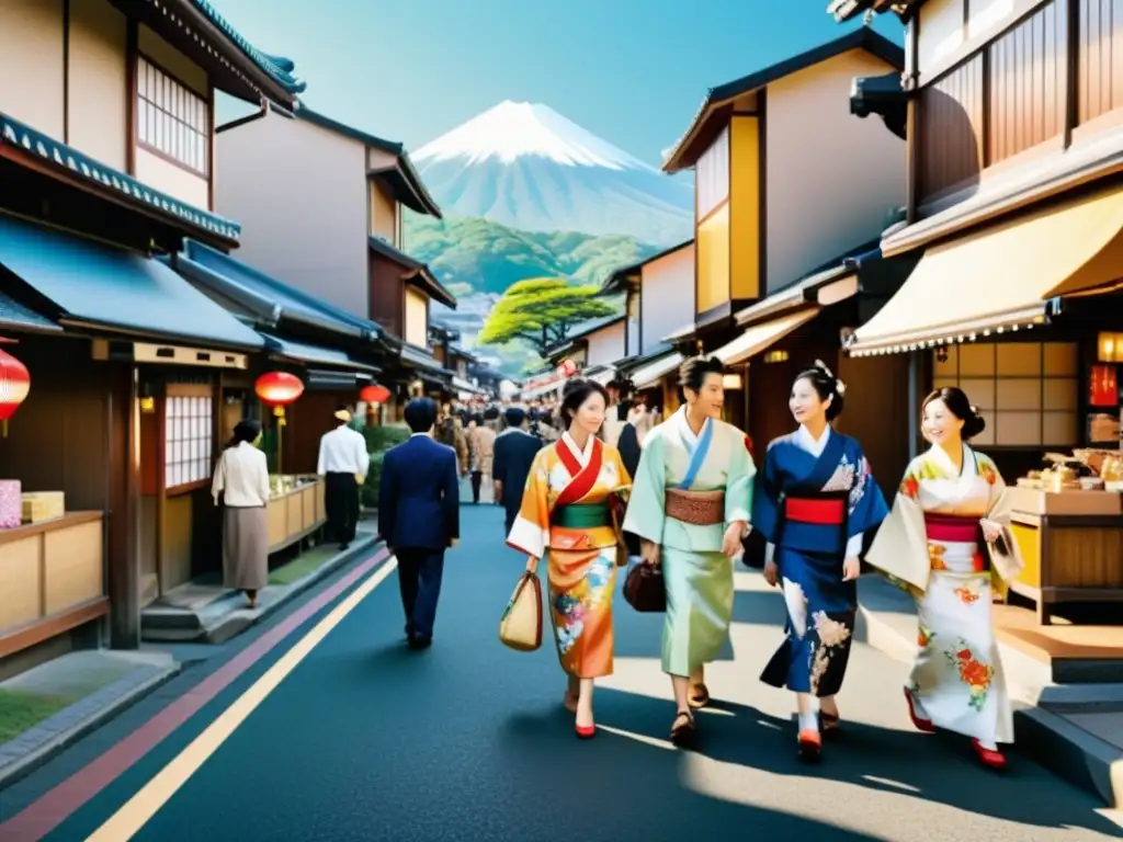 Escena animada de moda en la era Meiji Japón, con kimonos tradicionales y trajes occidentales elegantes, reflejando la occidentalización de la época