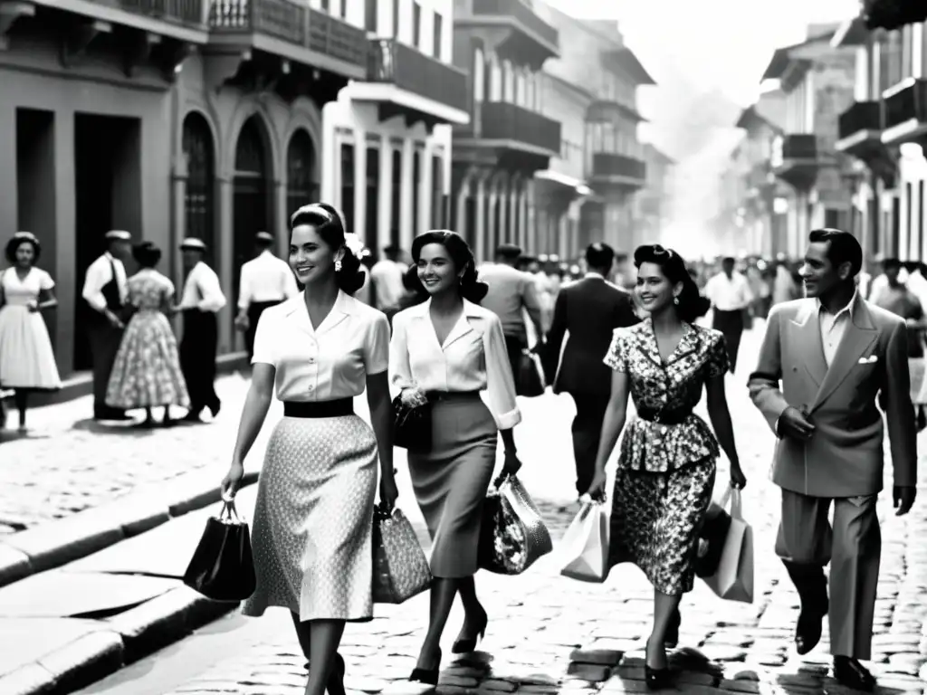 Escena de calle animada en Colombia en los años 50, reflejando la moda vibrante de la época en la narrativa de Gabriel García Márquez