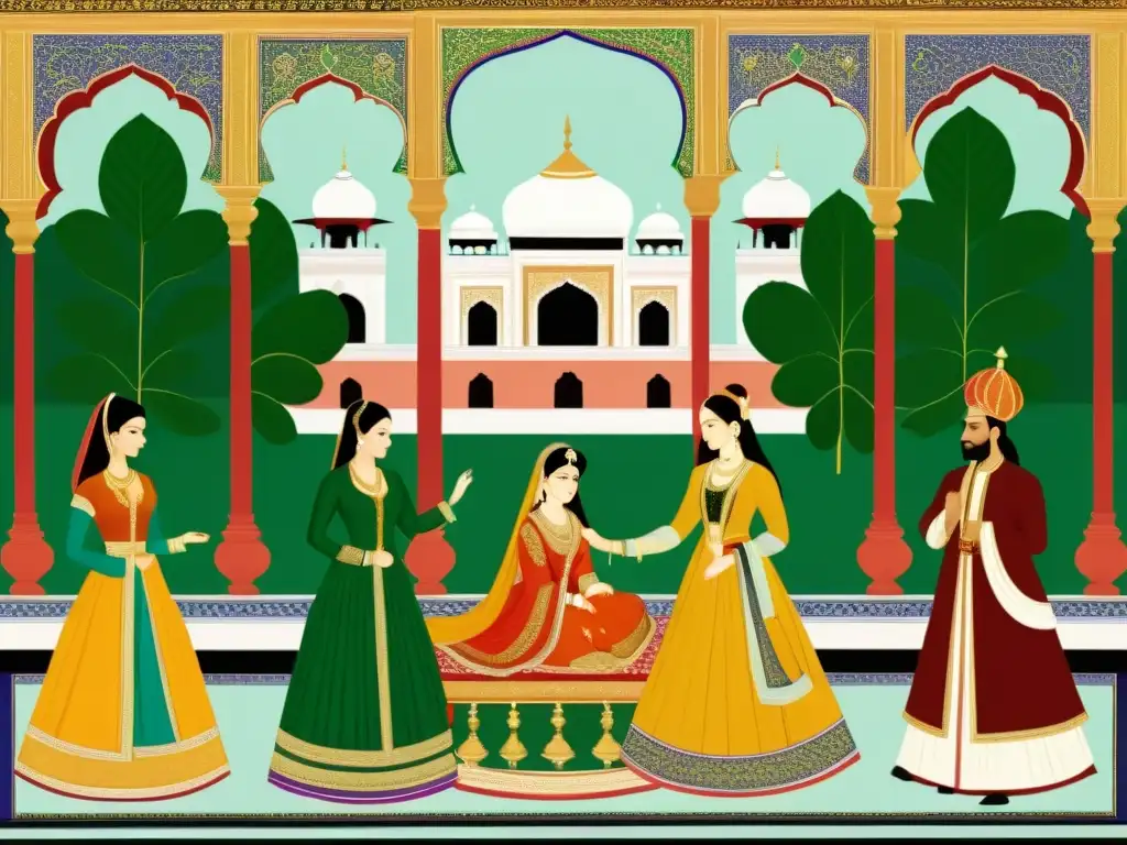 Escena de la corte Mughal en India, con moda y joyería tradicional detallada, arquitectura opulenta y exuberantes jardines