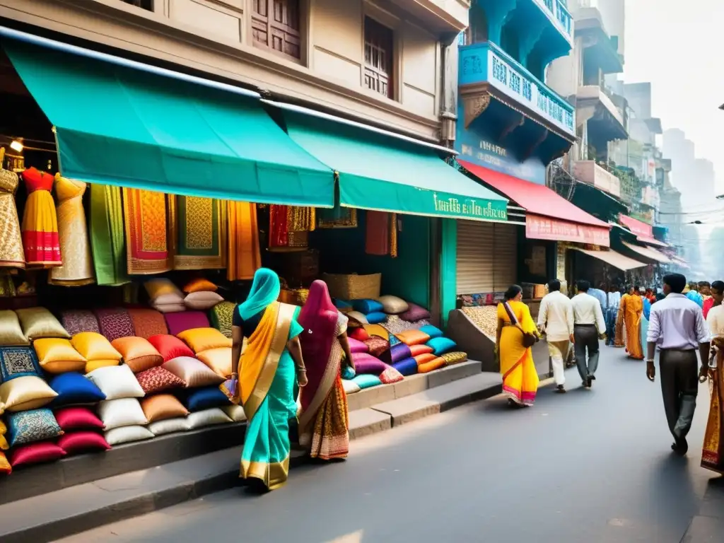 Escena dinámica en Mumbai: tiendas de telas y ropa tradicional, saris coloridos y patrones vibrantes