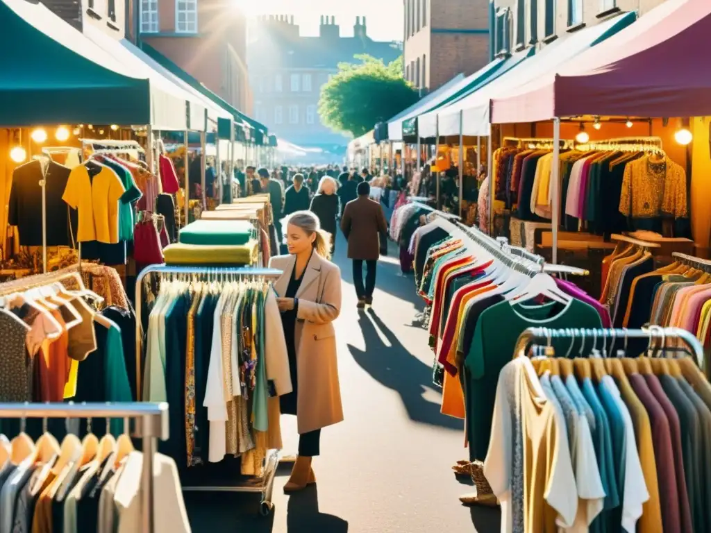 Escena documental de un bullicioso mercado de ropa de segunda mano, con coloridos estantes y gente diversa