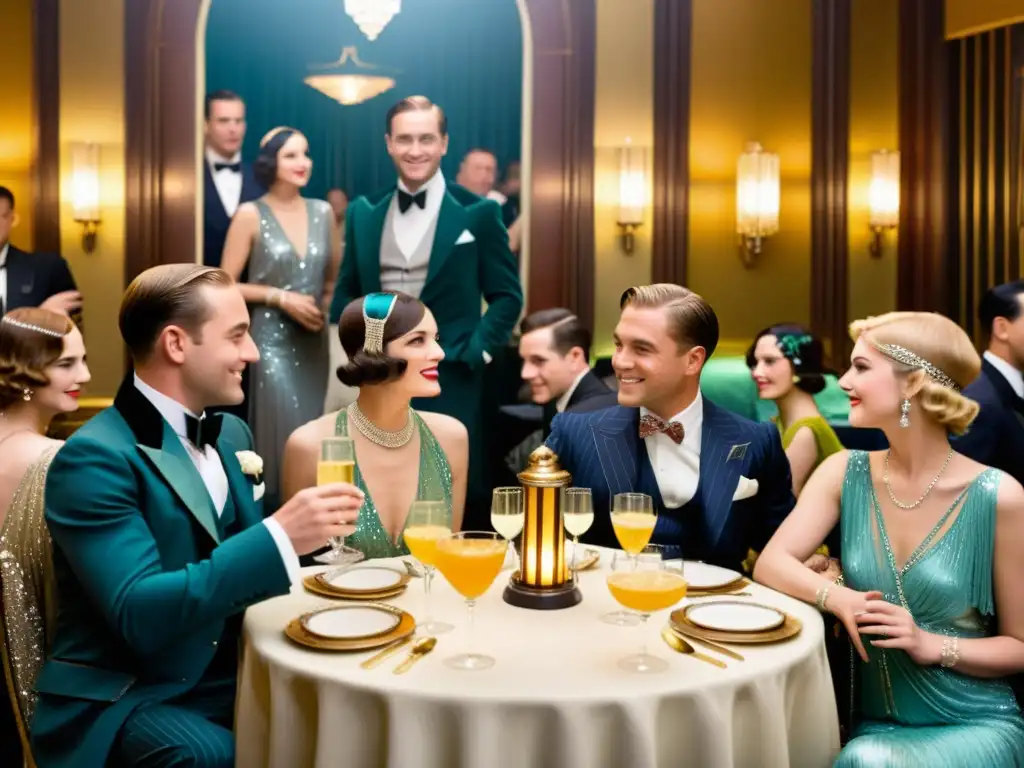 Escena de fiesta de los años 20 con simbolismo indumentaria El Gran Gatsby: lujo, opulencia y glamour en un vibrante y decadente evento social