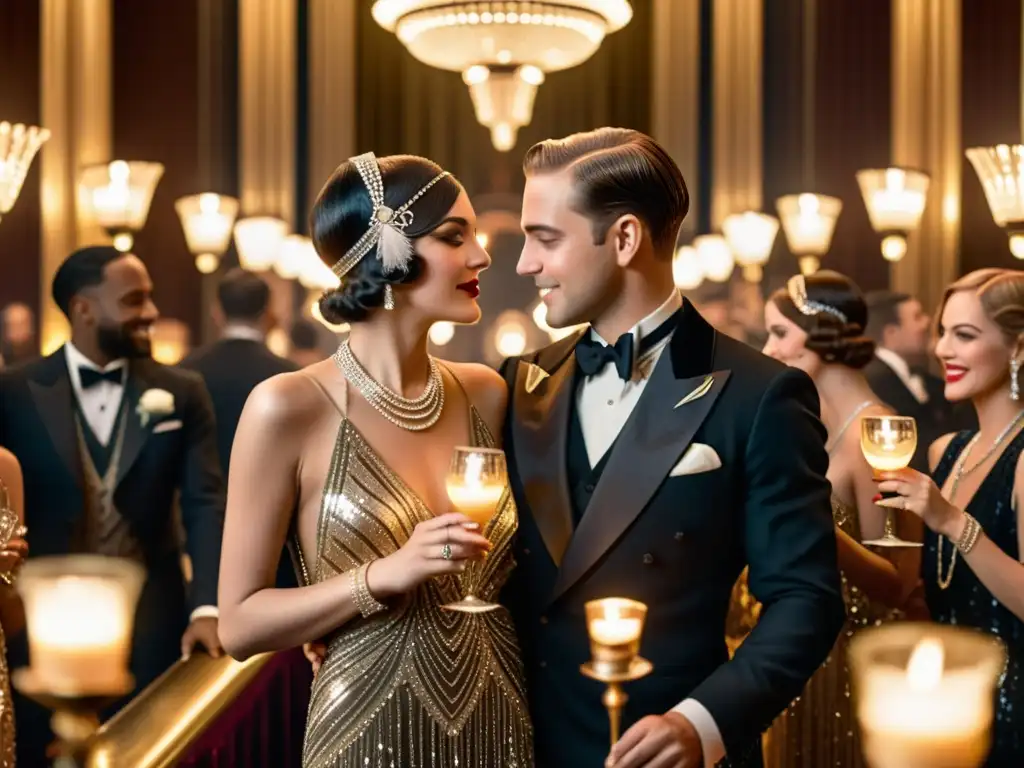 Escena de fiesta opulenta inspirada en El Gran Gatsby, con decoración art déco y elegantes trajes de la década de 1920