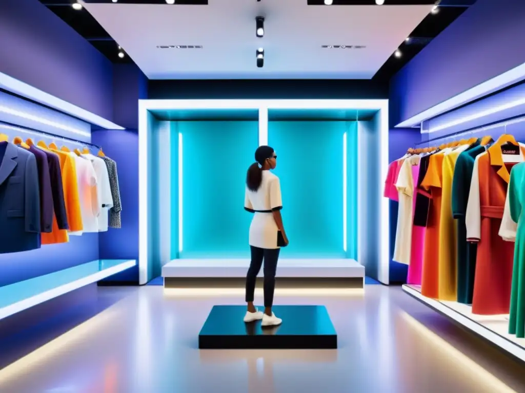 Una escena futurista de gamificación en la moda: cliente probando prendas virtuales en un probador interactivo de alta tecnología