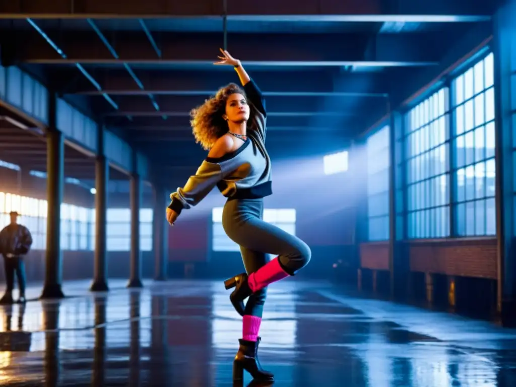 Escena icónica de Flashdance: la protagonista baila con energía en un entorno industrial, mostrando el impacto de Flashdance en moda de los 80