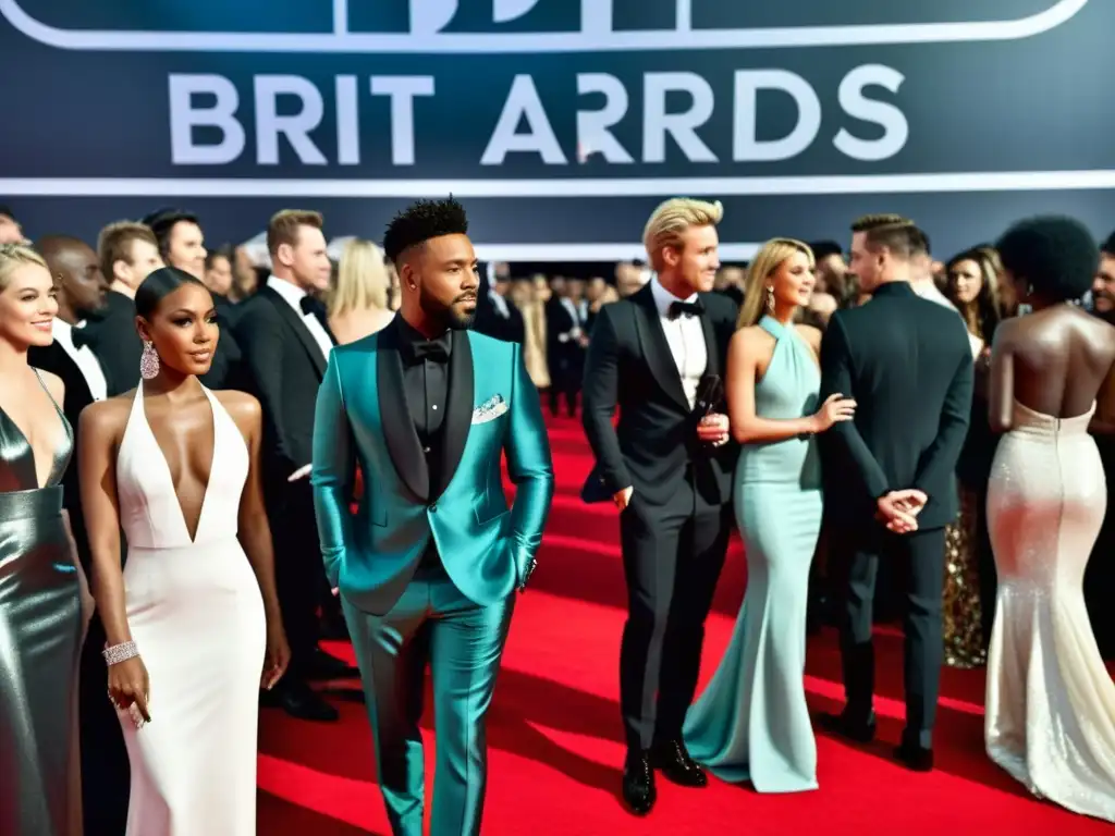 Escena impactante en la alfombra roja de los Brit Awards, reflejando el cruce dinámico entre la música y la moda, con asistentes exhibiendo confianza e individualidad a través de sus atuendos cuidadosamente seleccionados