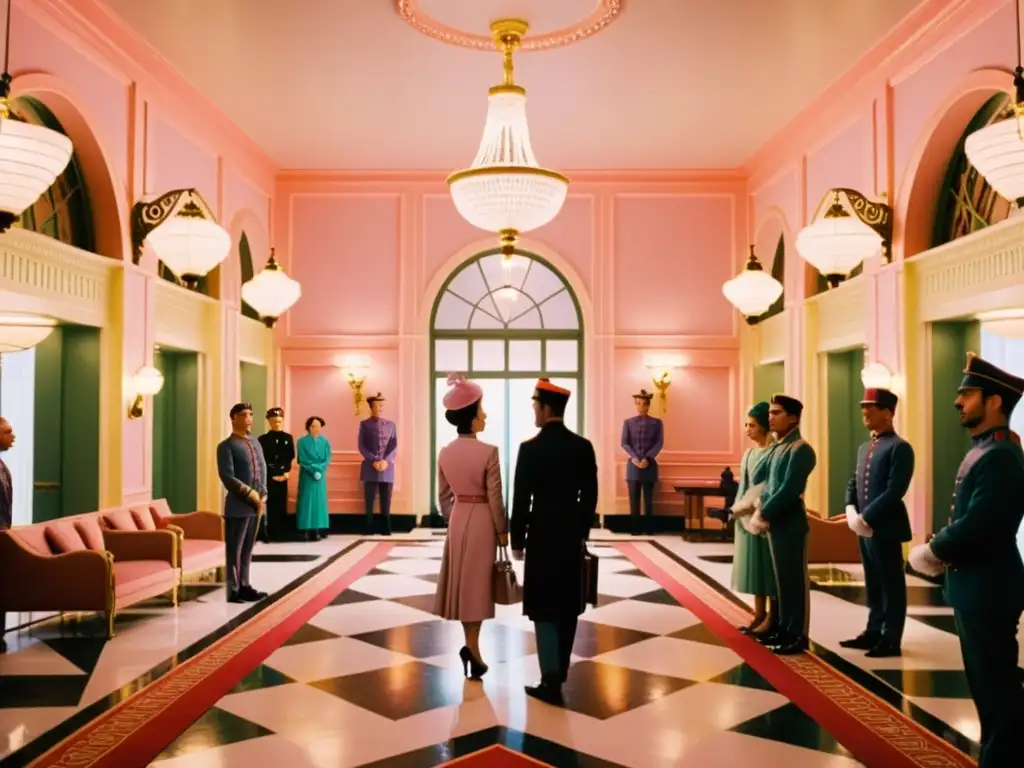 Escena del lobby del Hotel Grand Budapest, con diseño vibrante y detallado