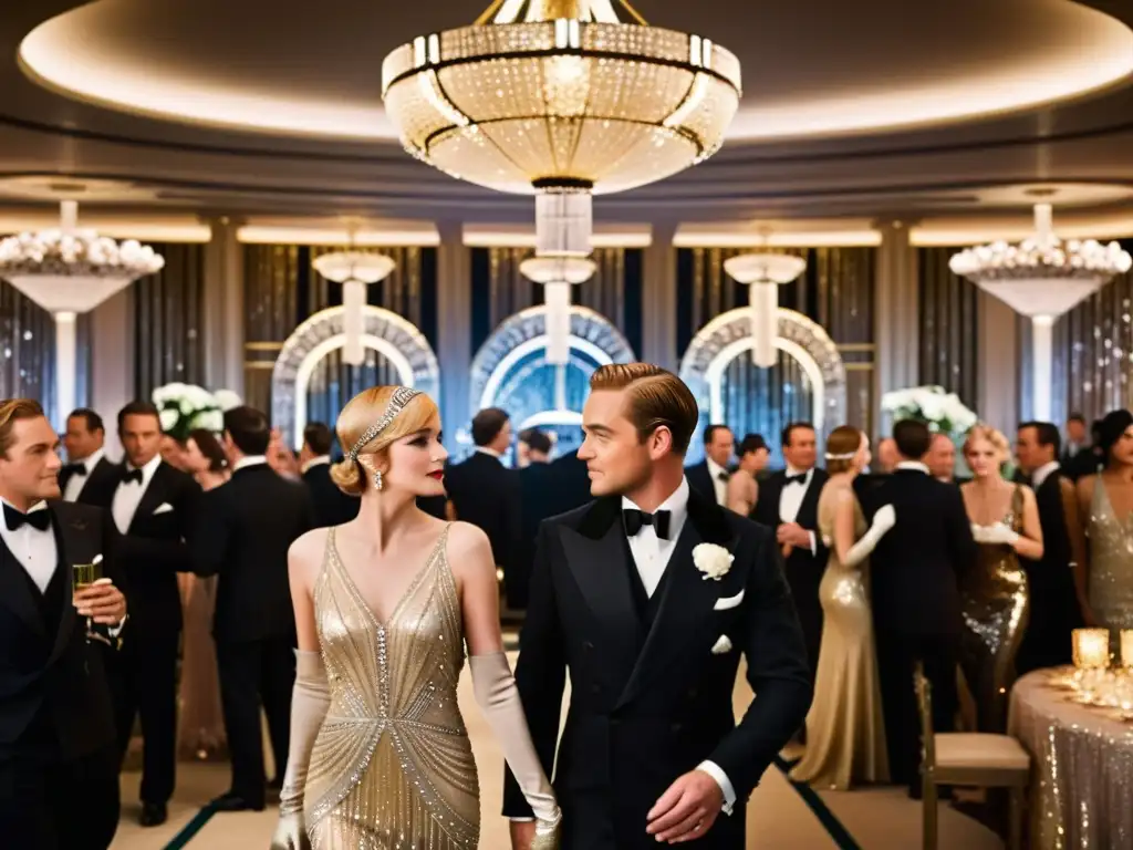 Una escena lujosa del Gran Gatsby con vestuarios impactantes y detallados, exudando elegancia de los años 20