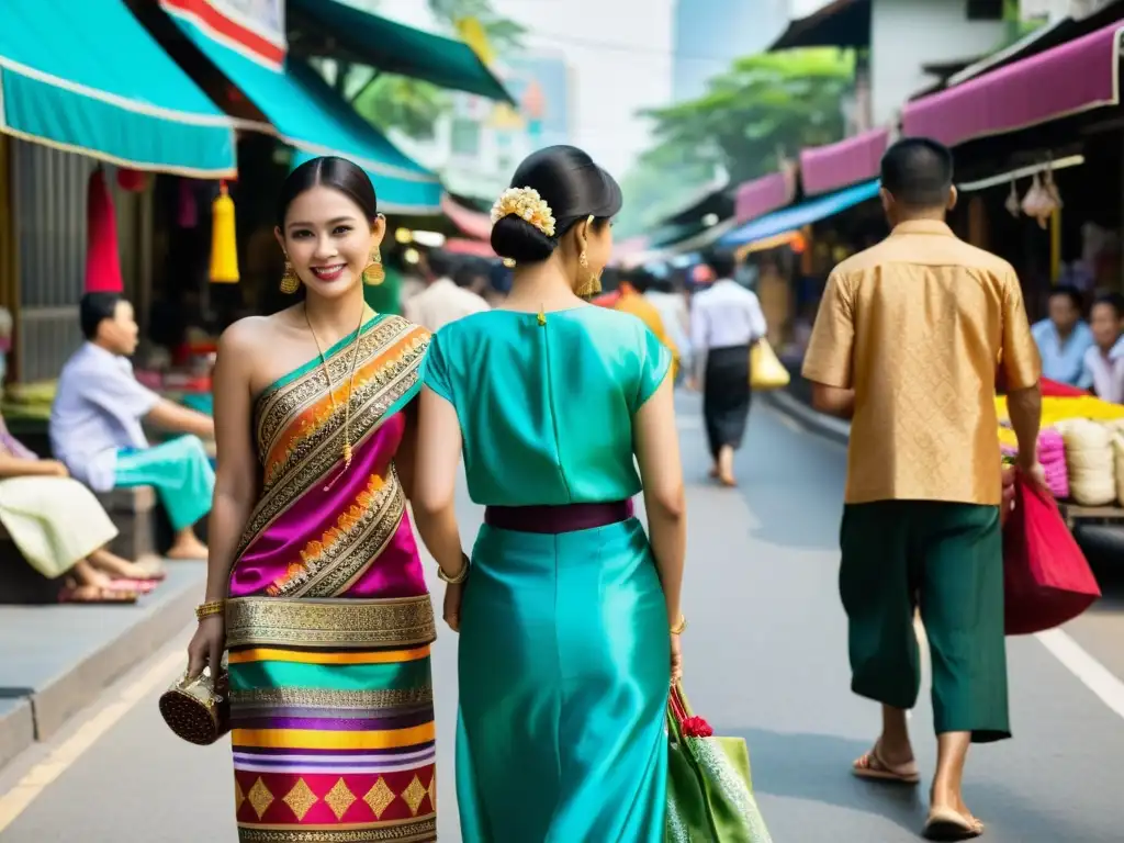 Escena de moda del sudeste asiático con colores vibrantes y patrones en la ropa tradicional, en una concurrida calle de Bangkok