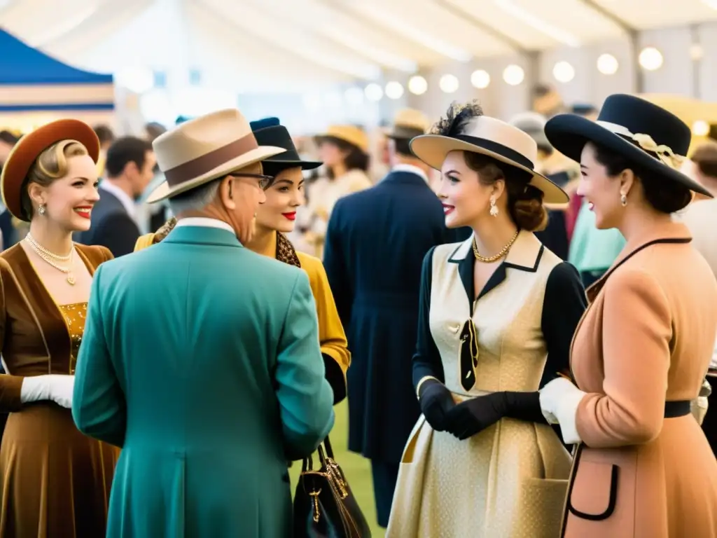 Escena nostálgica de una animada expo de moda retro, con prendas y accesorios vintage de diferentes épocas